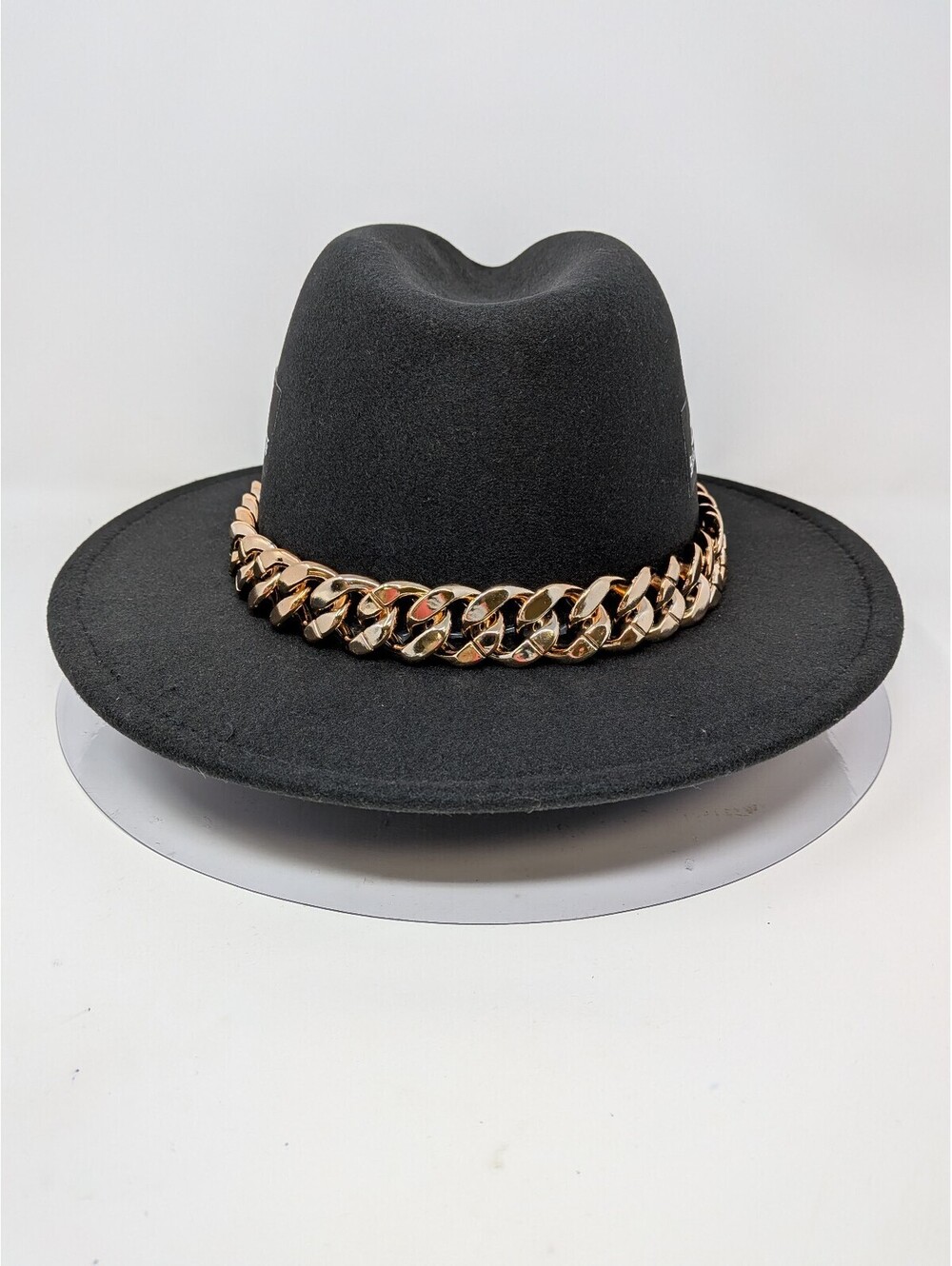 BIG DAWGS ONLY Black Wide Brim Fedora Hat Gold Chain Feathers NEW Box
